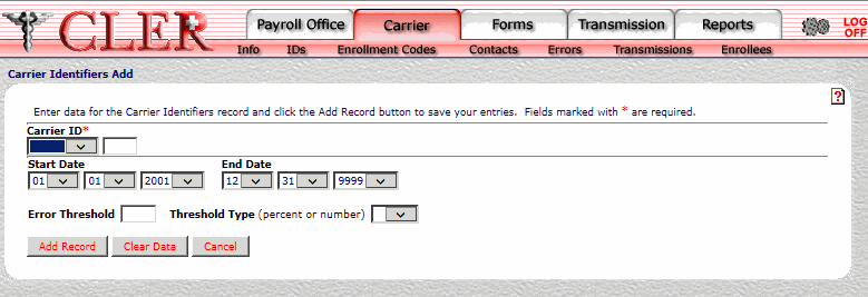 Carrier Identifiers Add Page