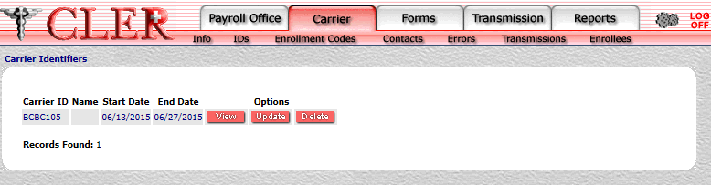 Carrier Identifiers Search Results Page