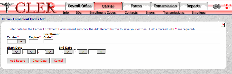 Carrier Enrollment Codes Add Page