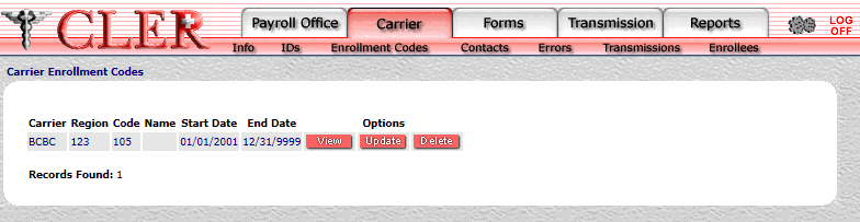 Carrier Enrollment Codes Search Results Page
