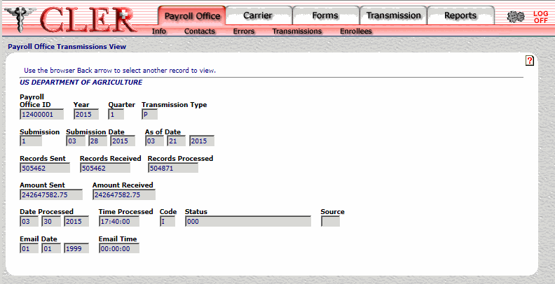 Payroll Office Transmissions View Page