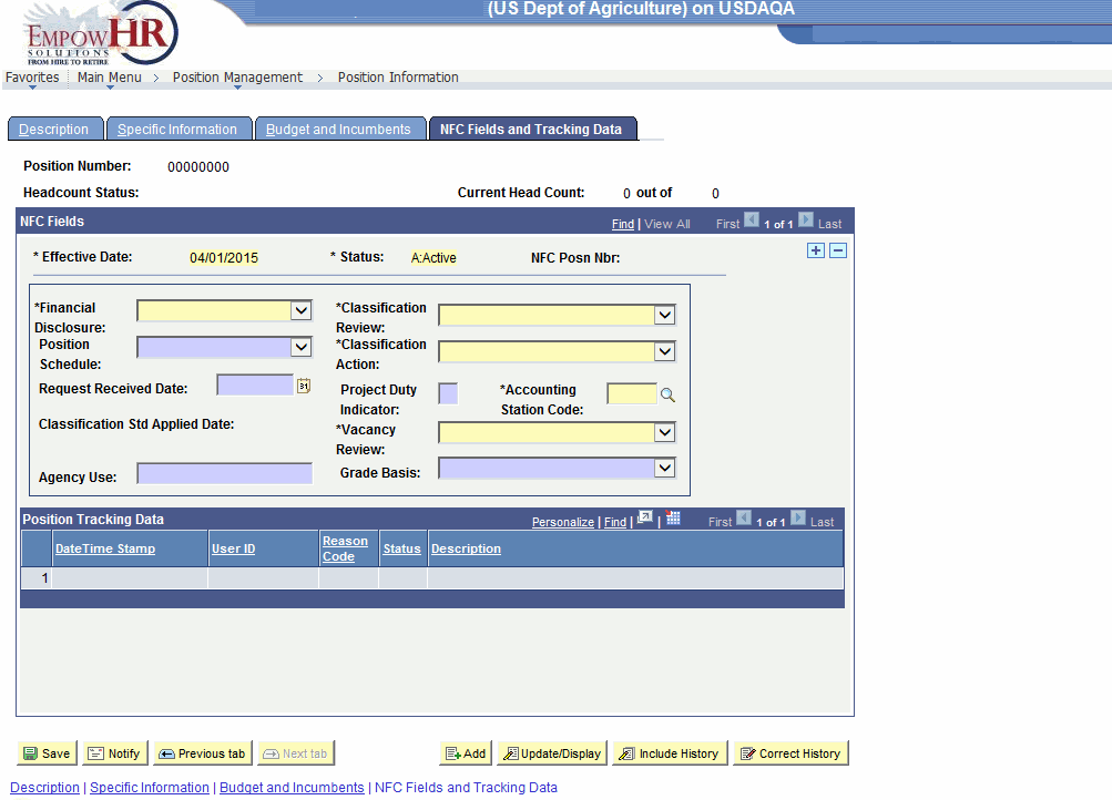 EmpowHR Position Information Page - NFC Fields and Tracking Data Tab