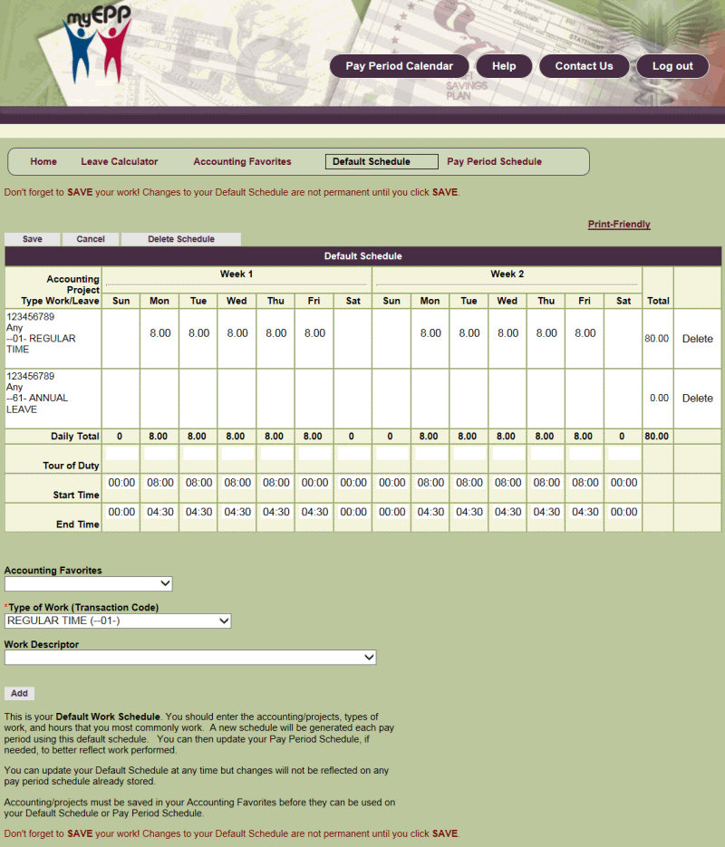 Default Schedule Page