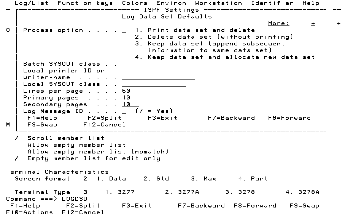 Log Data Set Defaults Panel