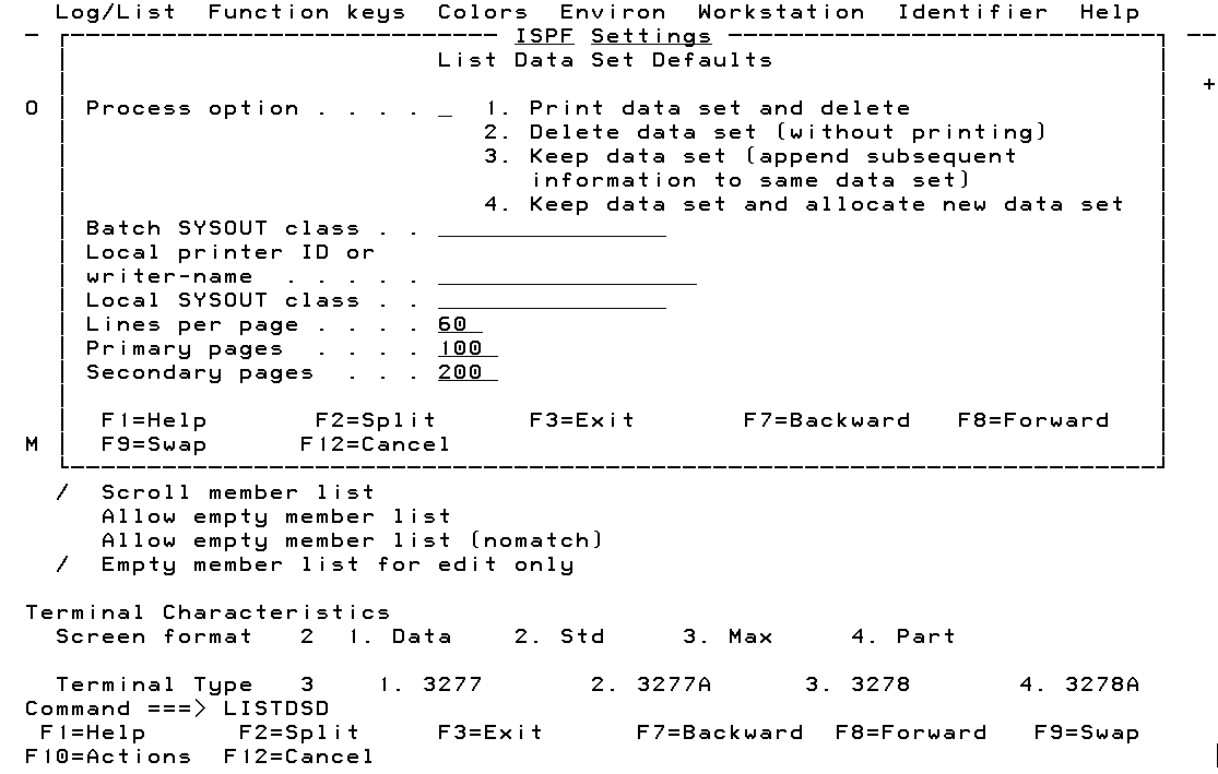 List Data Set Defaults Panel