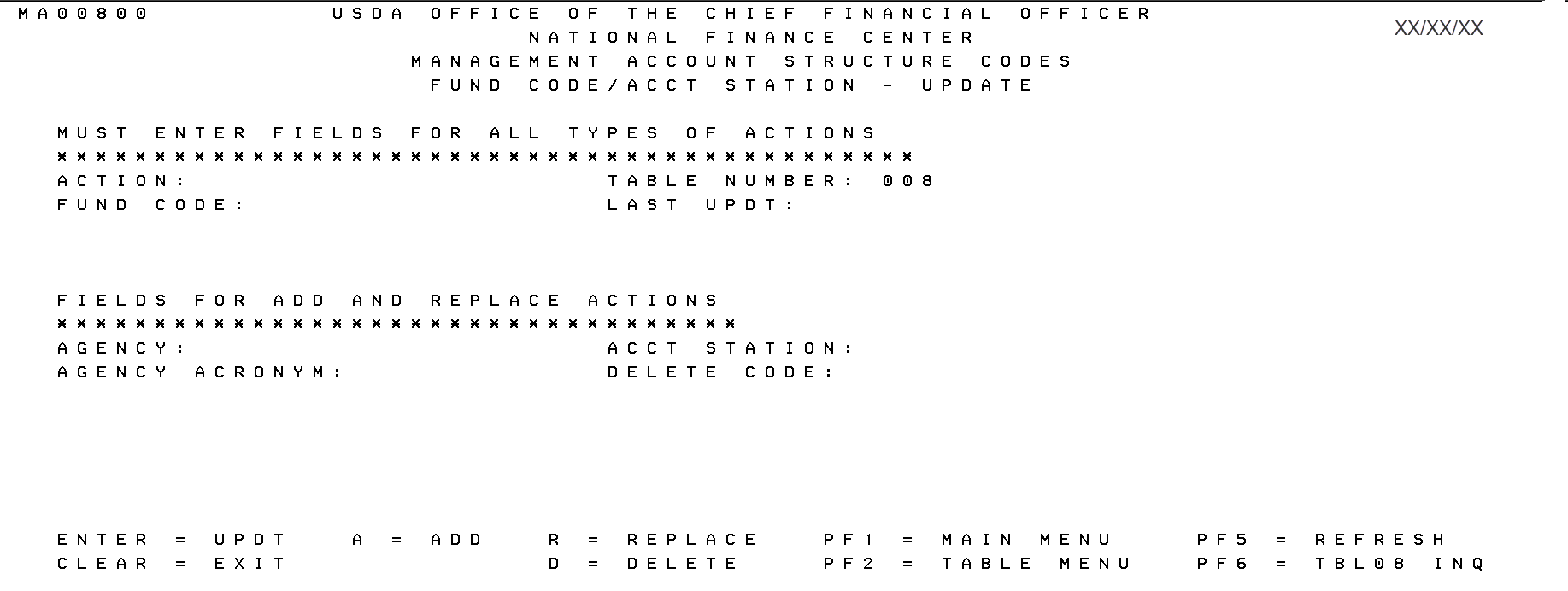 Table 008 Update Screen