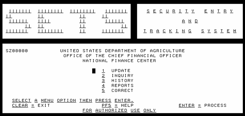 SETS Mainframe Menu Screen