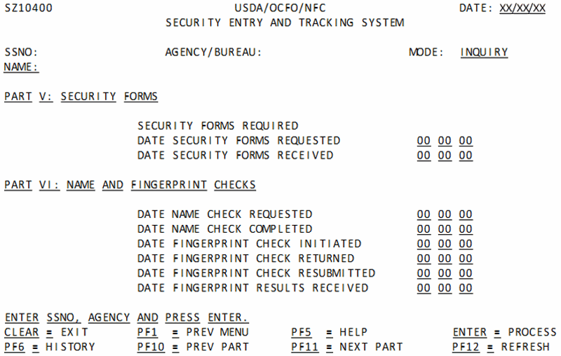 Inquiry Part V Security Forms Screen