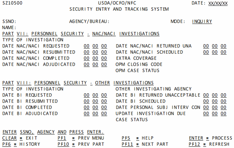 Inquiry Part VII Personnel Security NAC NACI Investigations Screen