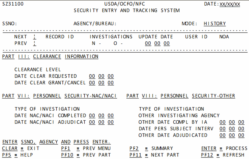 Summary/Detail History Parts III: Clearance Information, VII: Personnel Security NAC/NACI, and VIII: Personnel Security-Other Screen