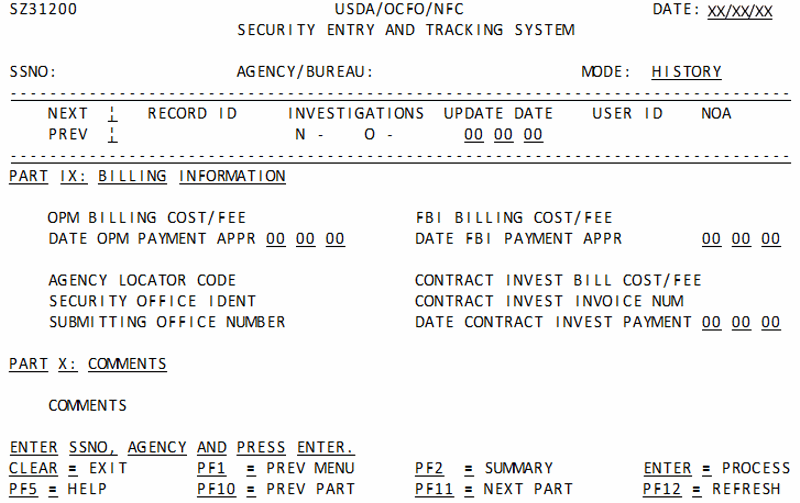 Summary/Detail History Parts IX: Billing Information and Part X: Comments Screen