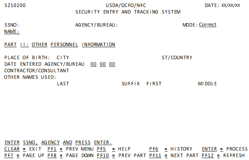 Correct Part II: Other Personnel Information Screen