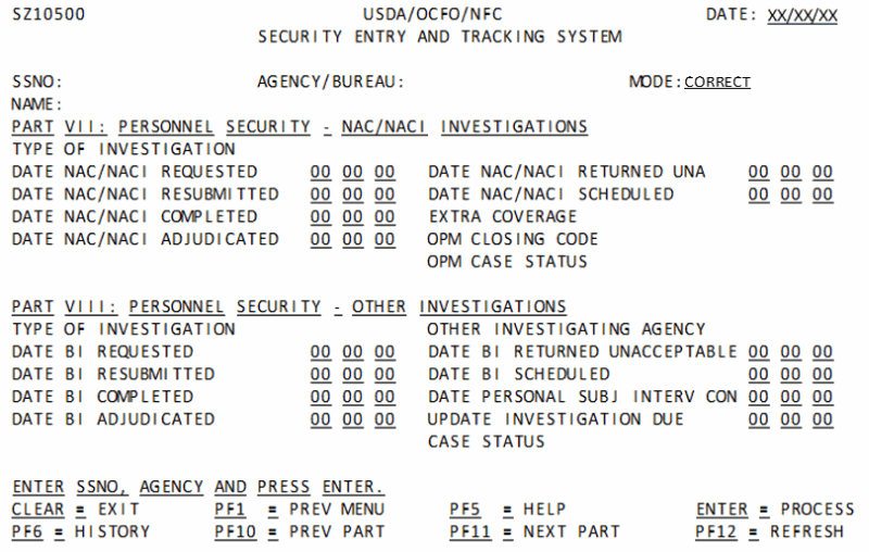 Correct Part VII: Personnel Security - NAC/NACI IInvestigations Screen