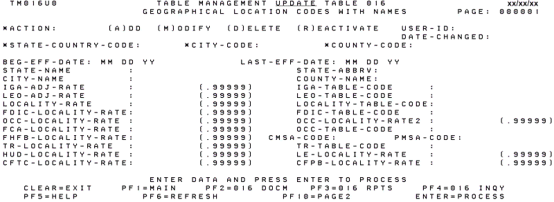 Table 016, Geographical Location Codes with Names Update Screen (Page 000001)