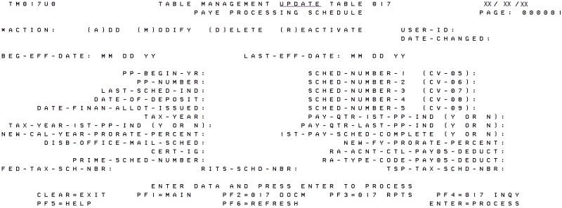 Table 017, PAYE Processing Schedule Update Screen