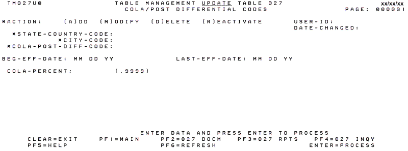 Table 027, COLA/Post Differential Codes Update Screen