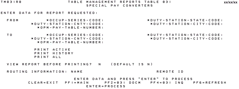 Table 031, Special Pay Converters Reports Screen