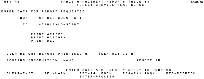 Table 041, Forest Service Meal Class Reports Screen