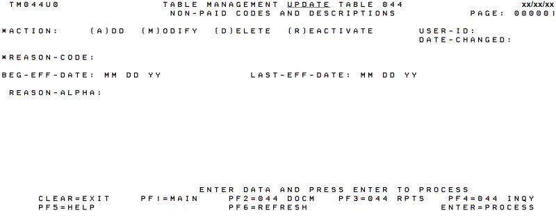 Table 044, Non-Paid Codes and Descriptions Update Screen