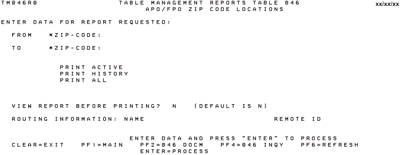 Table 046, APO FPO ZIP Code Locations Reports Screen