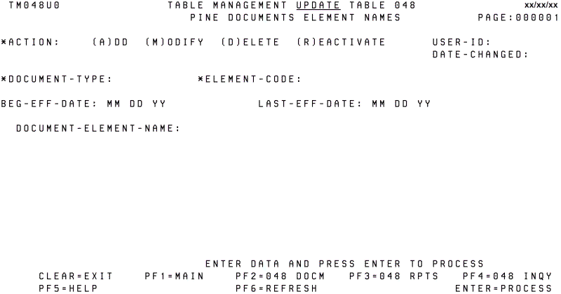 Table 048, PINE Documents Element Names Update Screen