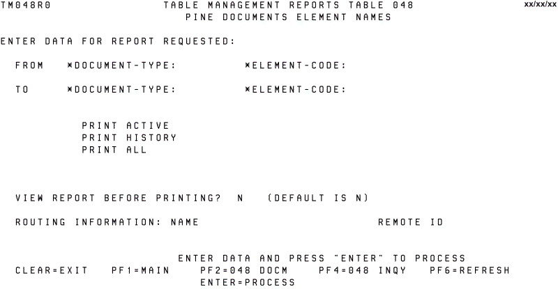 Table 048, PINE Documents Element Names Reports Screen