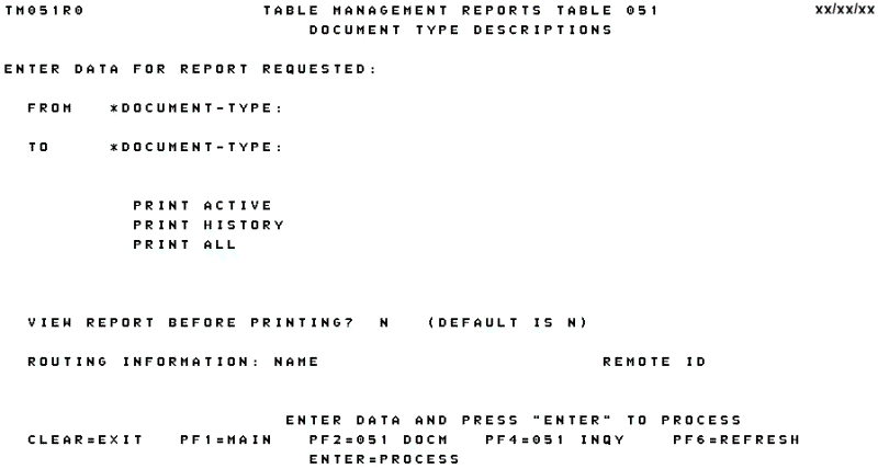 Table 051, Document Type Descriptions Reports Screen