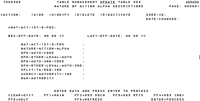 Table 053, Nature of Action Alpha Descriptions Update Screen