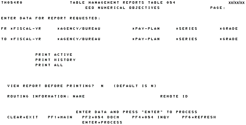 Table 054, EEO Numerical Objectives Reports Screen