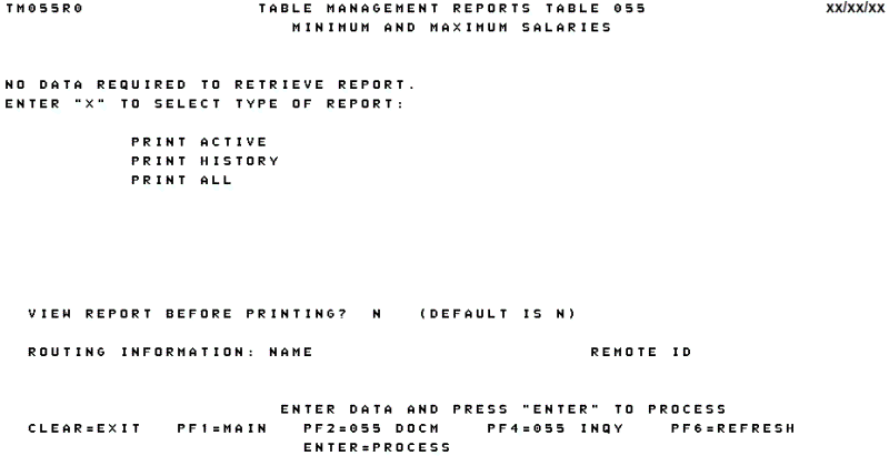 Table 055, Minimum and Maximum Salaries Reports Screen