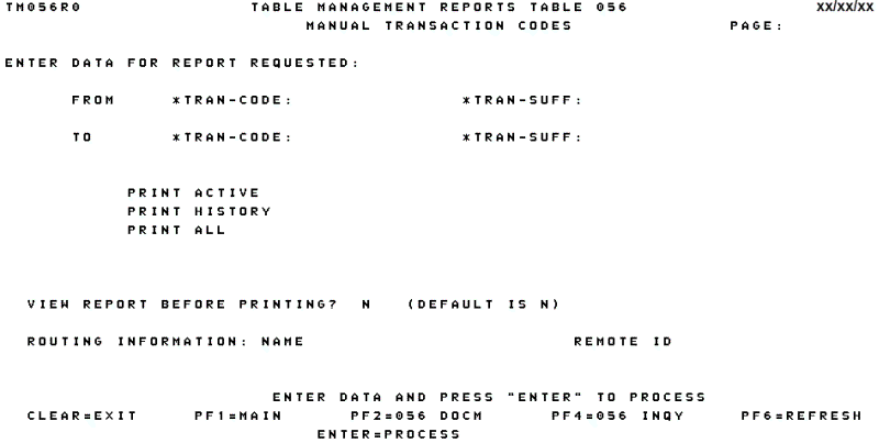Table 056, Manual Transaction Codes Reports Screen