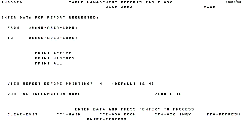 Table 058, Wage Area Reports Screen