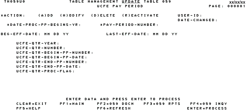 Table 059, UCFE Pay Period Update Screen