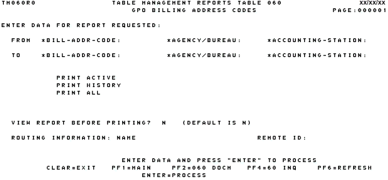 Table 060, GPO Billing Address Codes Reports Screen