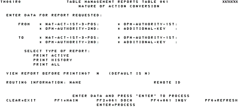 Table 061, Nature of Action Conversion Reports Screen