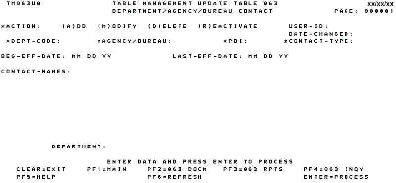 Table 063, Department/Agency/Bureau Contact Update Screen