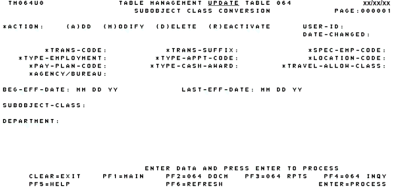 Table 064, Subobject Class Conversion Update Screen