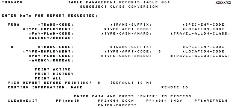 Table 064, Subobject Class Conversion Reports Screen