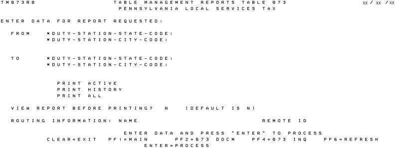 Table 073, Pennsylvania Local Services Tax Reports Screen