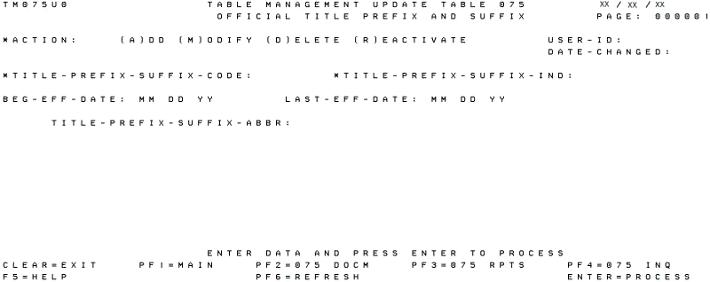 Table 075, Official Title Prefix and Suffix Update Screen