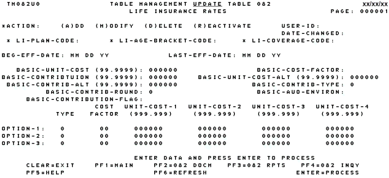 Table 082, Life Insurance Rates Update Screen