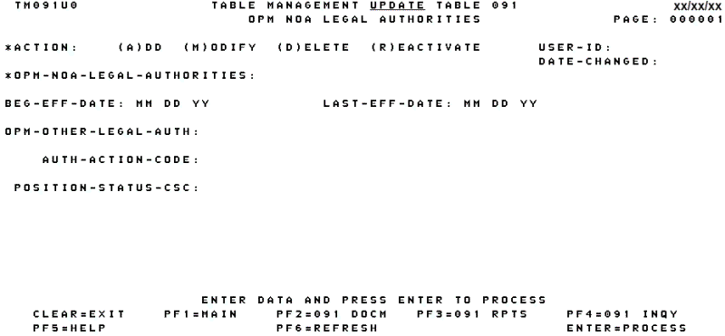 Table 091, OPM NOA Legal Authorities Update Screen