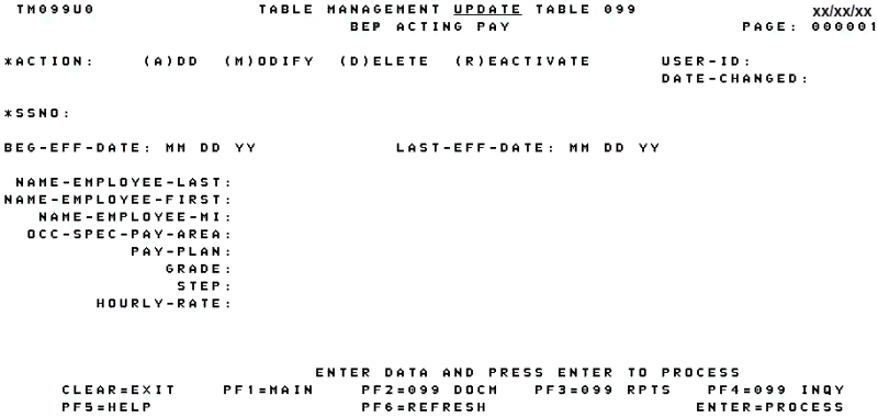 Table 099, BEP Acting Pay Update Screen