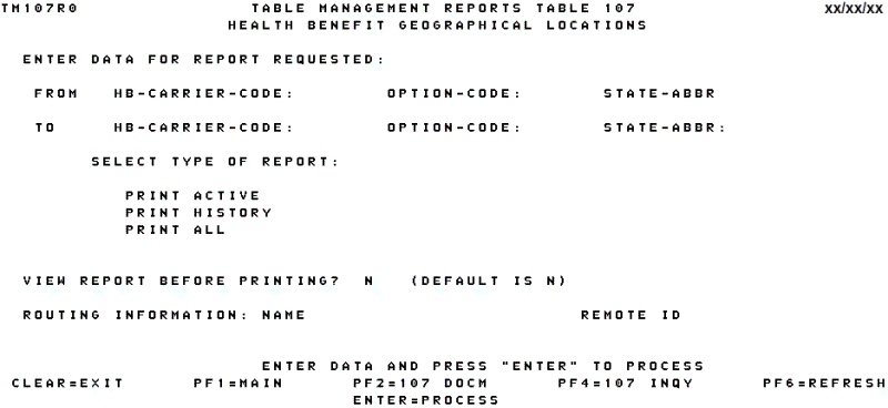 Table 107, Health Benefit Geographical Locations Reports Screen