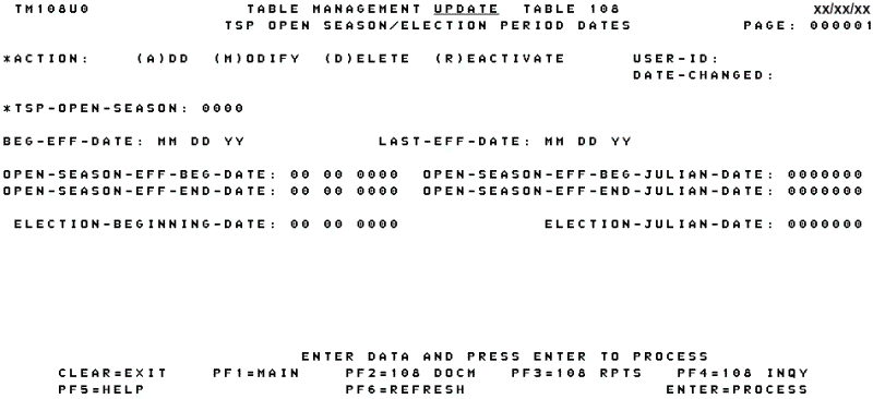 Table 108, TSP Open Season Election Period Dates Update Screen