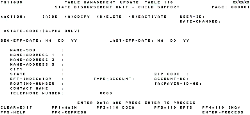 Table 110, State Disbursement Unit - Child Support Update Screen