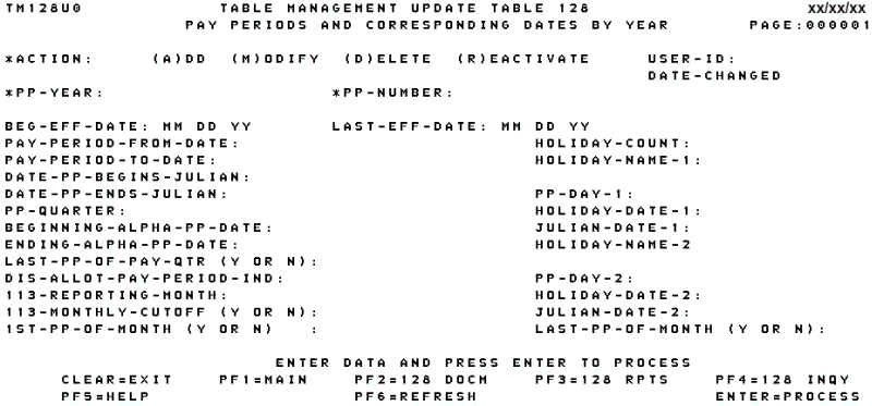 Table 128, Pay Periods and Corresponding Dates by Year Update Screen