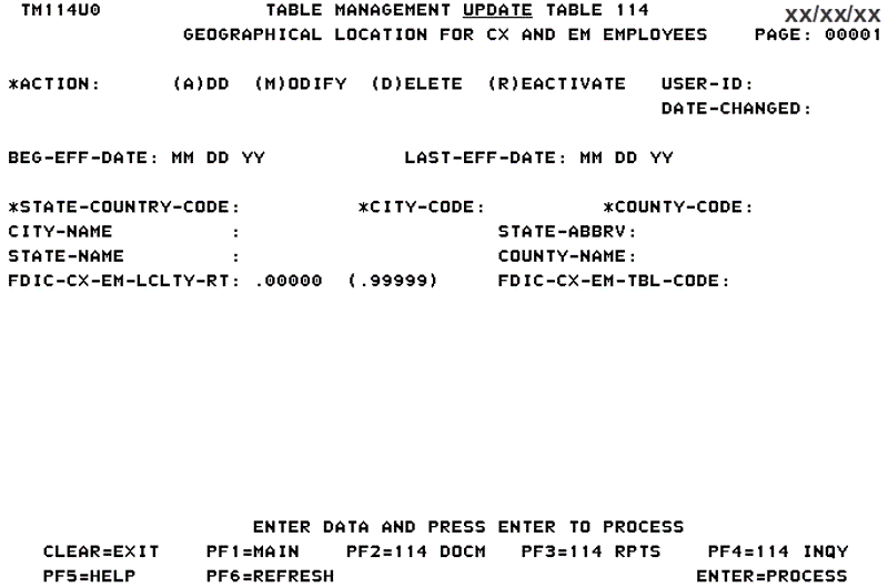 Table 114, Geographical Location For CX and EM Employees Update Screen