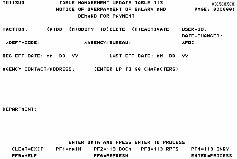 Table 113, Notice of Overpayment of Salary and Demand for Payment Update Screen