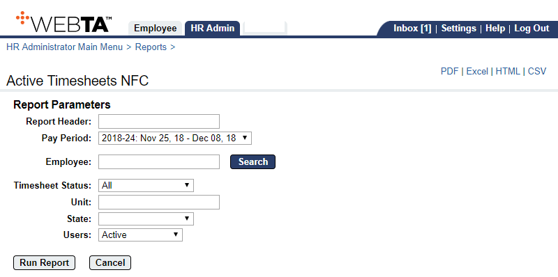 Active Timesheets NFC Report Parameters Page